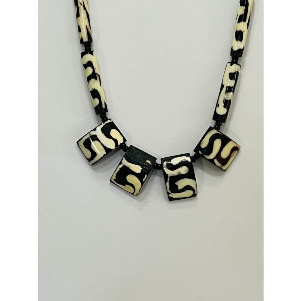 African Batik Bone Tribal Beads Statement Necklace - Picture 3 of 5